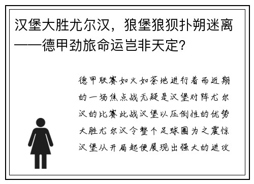 汉堡大胜尤尔汉，狼堡狼狈扑朔迷离——德甲劲旅命运岂非天定？