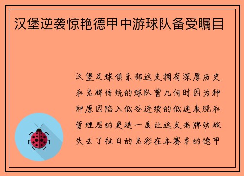 汉堡逆袭惊艳德甲中游球队备受瞩目