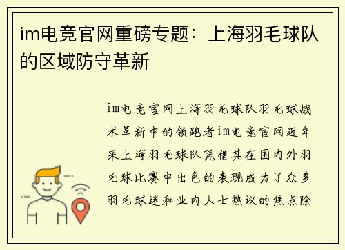 im电竞官网重磅专题：上海羽毛球队的区域防守革新