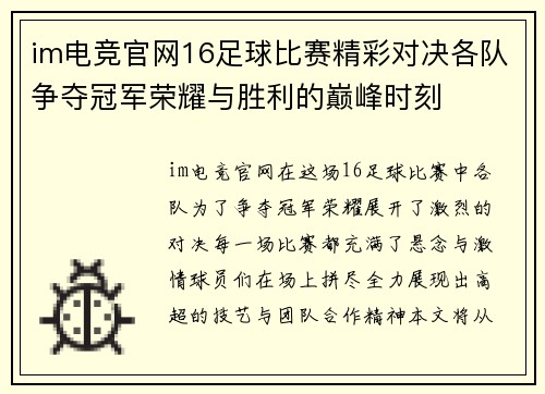 im电竞官网16足球比赛精彩对决各队争夺冠军荣耀与胜利的巅峰时刻