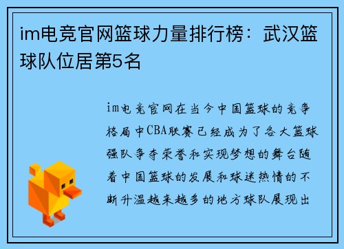 im电竞官网篮球力量排行榜：武汉篮球队位居第5名