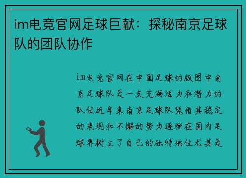 im电竞官网足球巨献：探秘南京足球队的团队协作